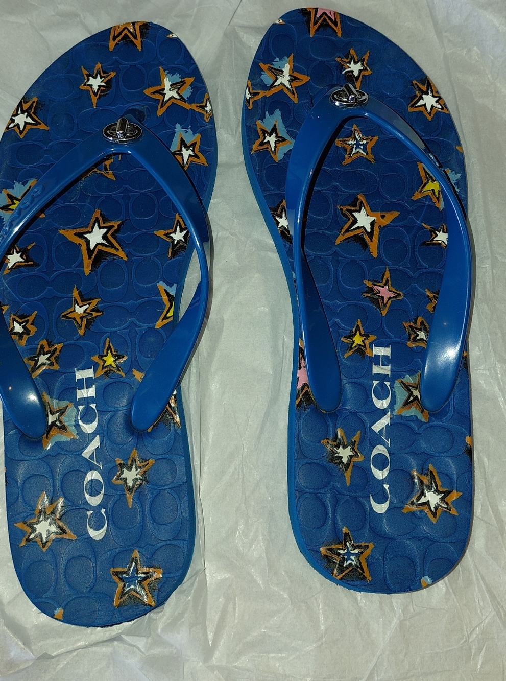 Coach A BIGAIL Blue "Star-Print"  Flip Flop Sandals. silver Coach Logo 5-6